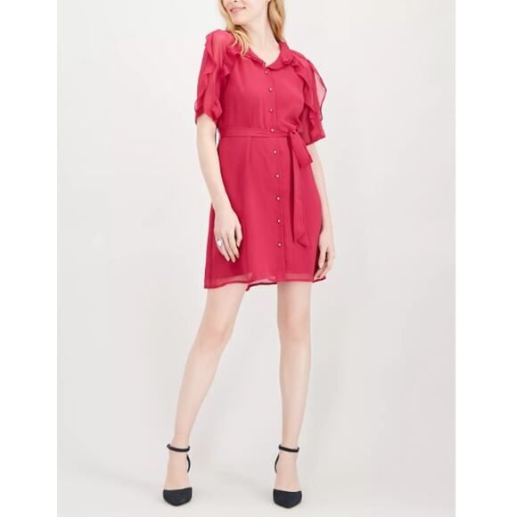 NEW MAISON JULES Red Ruffle Short Sleeve Belted Shirt Dress Size S - Picture 1 of 10